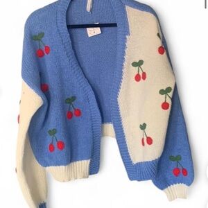 Cherry Patterned Cardigan - Blue and White